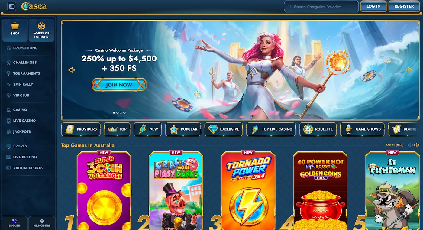 Casea casino page featuring welcome offer, top online pokies in Australia and site main navigation