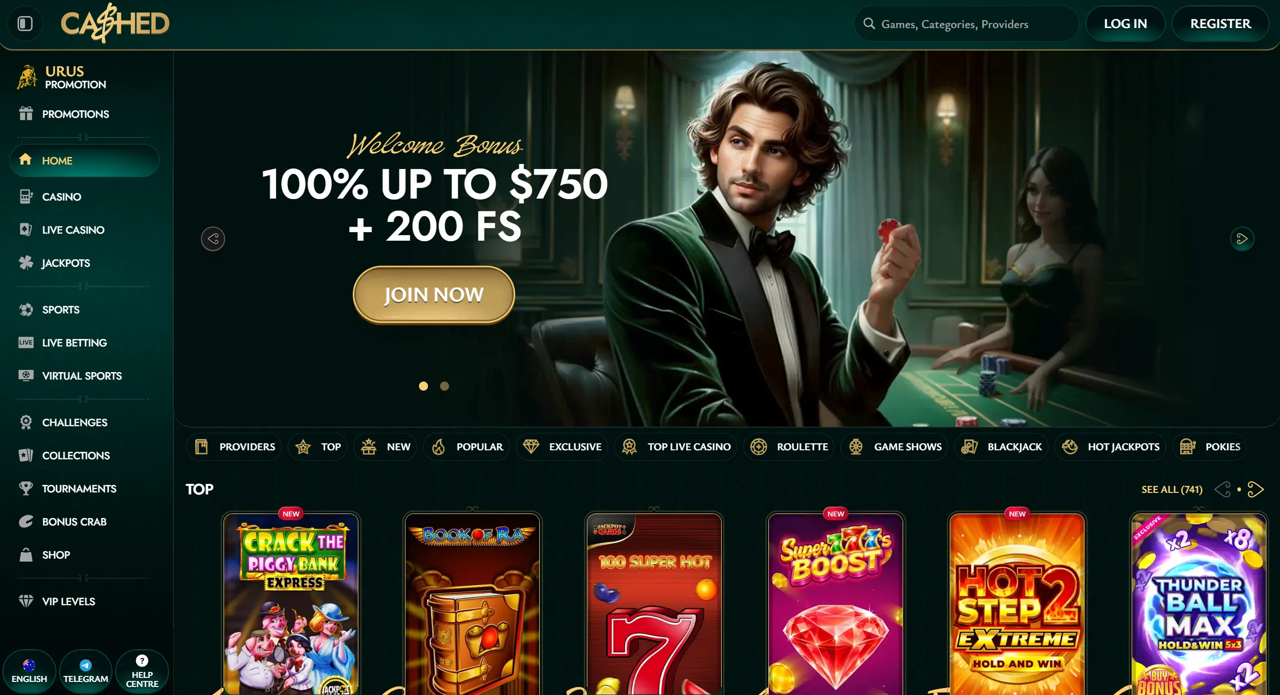 Cashed casino page showing welcome bonus offer, selection of top online pokies and site navigation