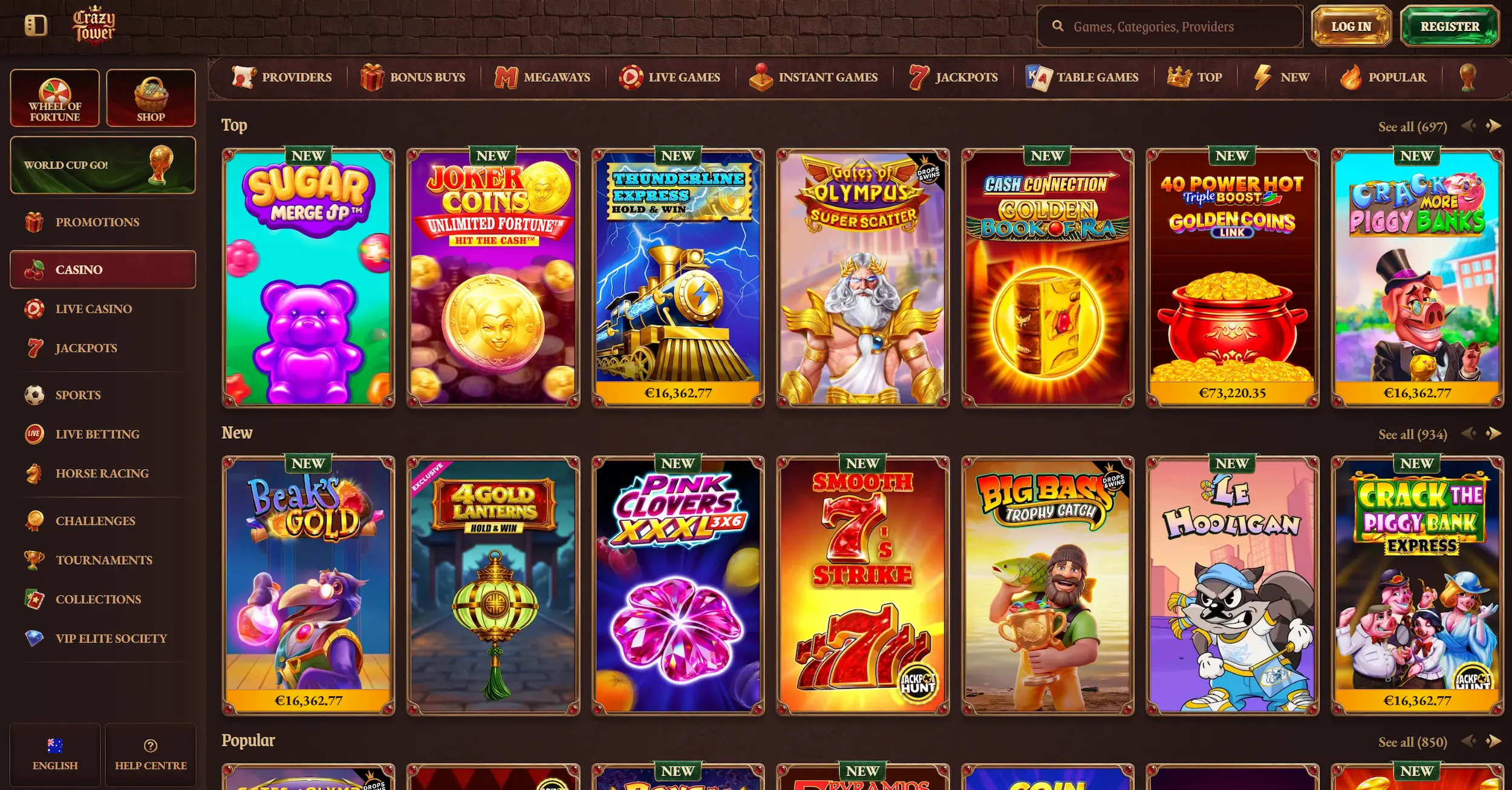 Crazy Tower casino page displaying top online pokies selection and site navigation
