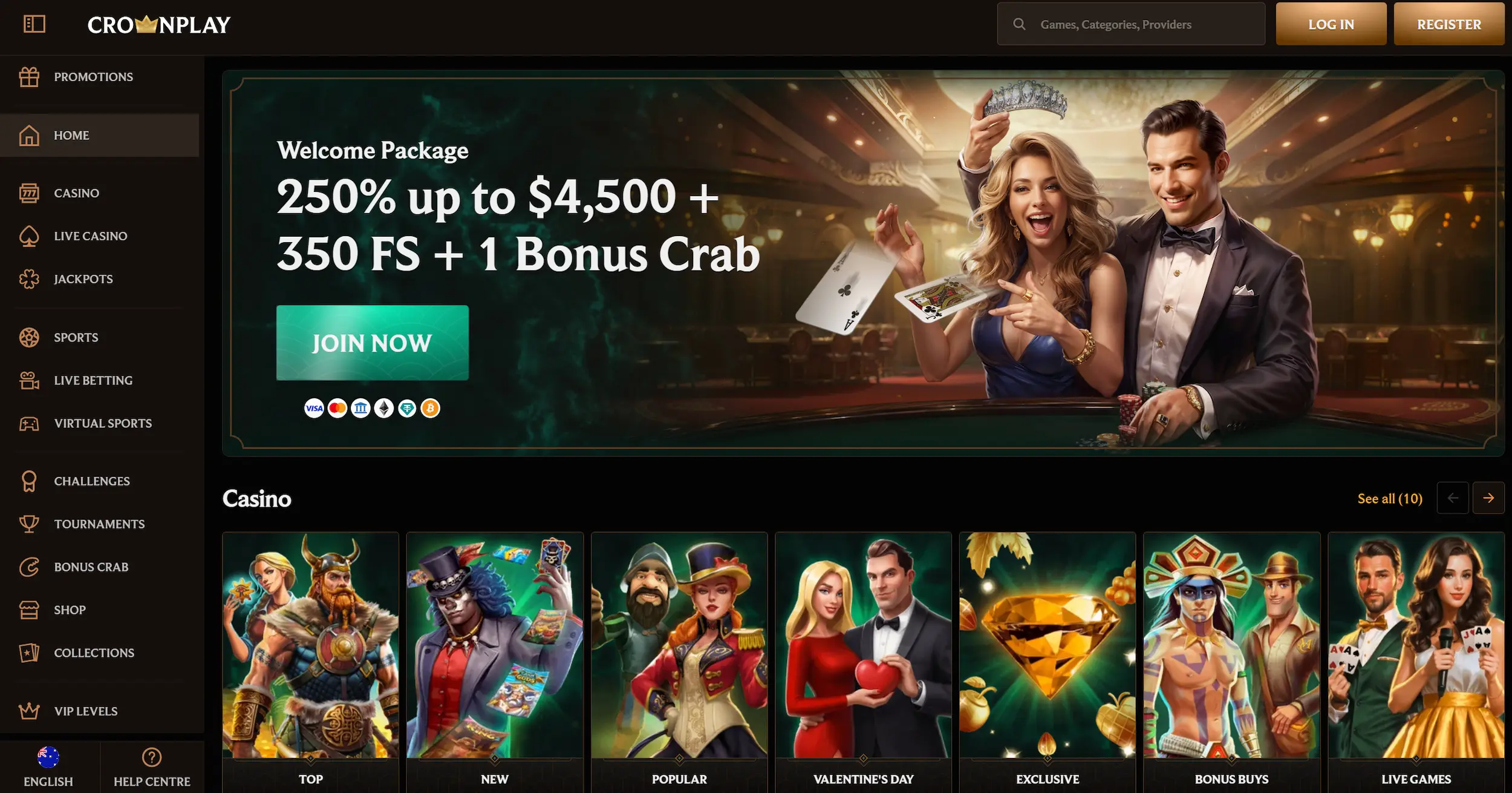 CrownPlay casino page displaying welcome bonus offer, selection of casino games and site navigation
